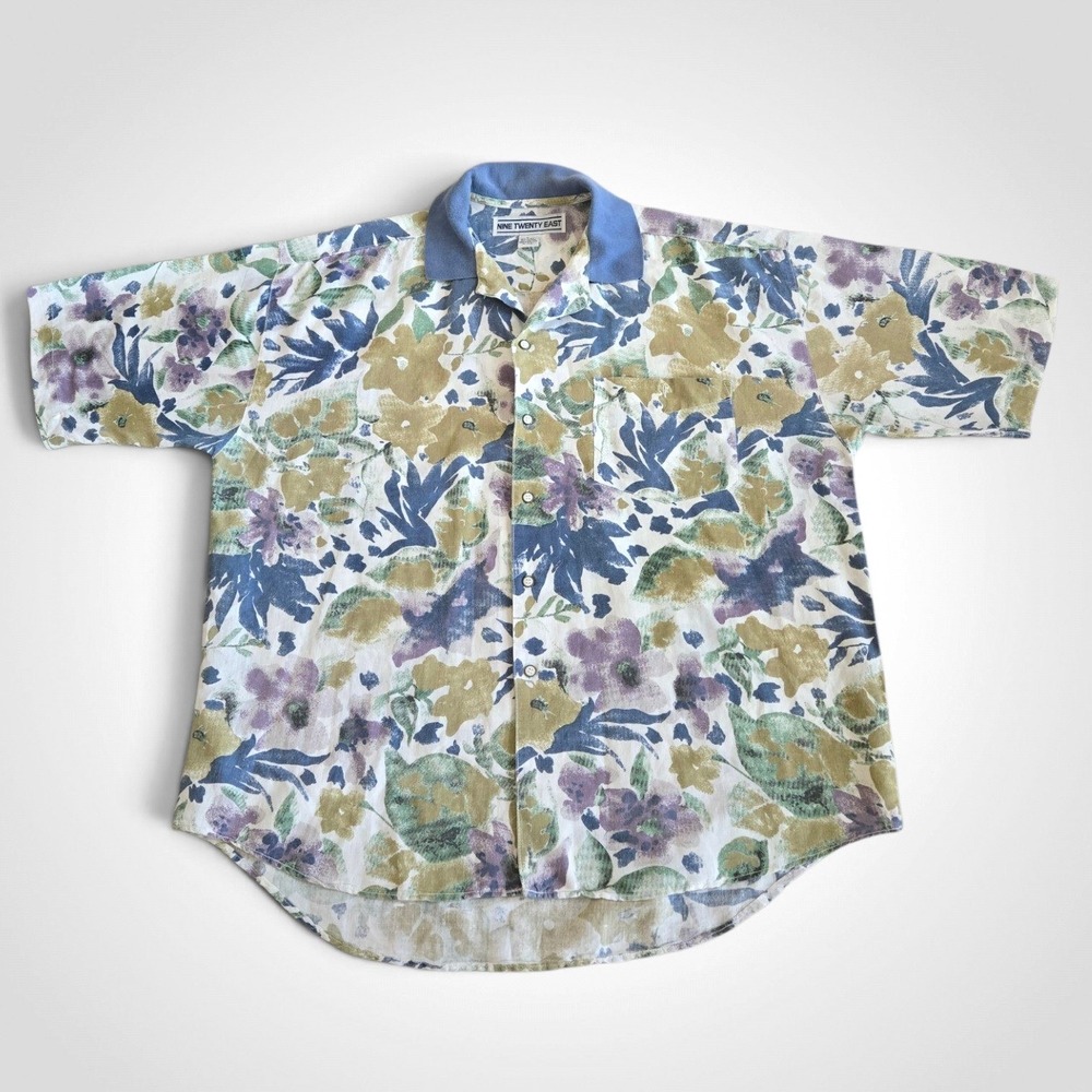 Nine Twenty East Vintage Floral Linen Blend Short Sleeve Button Down Shirt Mens